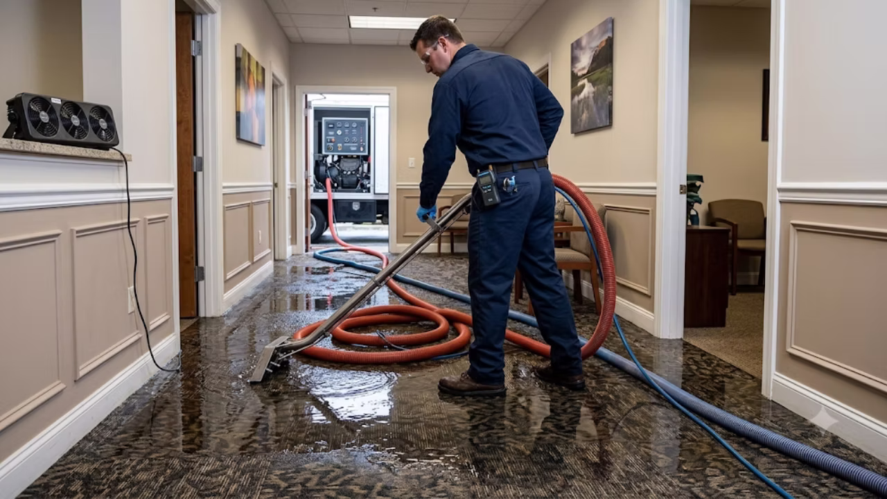 Restoration technician cleaning up water damage with professional extraction equipment